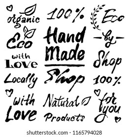Set of lettering and calligraphy words Handmade, shop, 100%, eco, natural, organic, products, locally, with love, by, for you with drawn leaves and a twig.