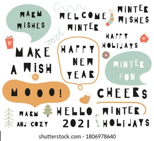 Set of lettering -  Christmas quotes, phrases and words. Graphic design for t-shirt, posters, greeting cards, DIY. Vector illustration. X-mas and New year 2021 theme.