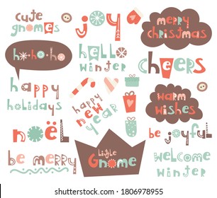 Set of lettering -  Christmas quotes, phrases and words. Graphic design for Christmas greeting cards, DIY. Vector illustration. X-mas and New year theme.