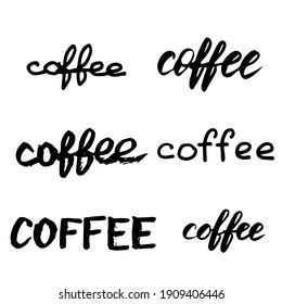 Satzsatz. Kaffeeinschrift. Handgezeichnetes Zitat. Druck für Design, Dekoration, Textilien, Kaffeehäuser. Verschiedenes Stilskript. Typografie-Komposition