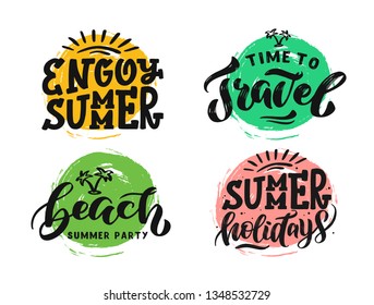 Set lettering composition of Summer holidays, party. Lettering and calligraphy for poster, background, postcard, banner, window. Print on cup, bag, shirt, package, balloon