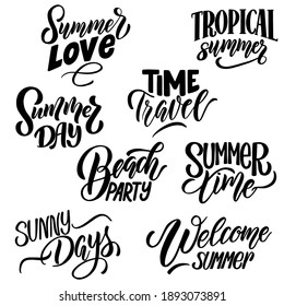 Set of lettering compositions about summer in vector graphics, on a white background. For the design of postcards, posters, banners, prints for t-shirts, covers, mugs, pillows.