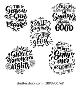 Set of lettering compositions about summer in vector graphics, on a white background. For the design of postcards, posters, banners, prints for t-shirts, covers, mugs, pillows.