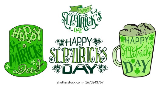 Zusammenstellung von Kompositionen des Happy St. Patrick's Day auf weißem Hintergrund. Vier stilvolle Vektorillustration Kompositionen im Retro-Stil. In Grüntönen. Typografie.