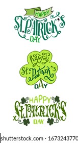 Zusammenstellung von Kompositionen des Happy St. Patrick's Day auf weißem Hintergrund. Drei stilvolle Ferienkompositionen in Retro-Vektorillustration. Typografie.