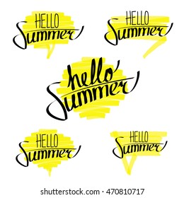 Set of lettering compositions with phrase Hello Summer. Hand written vector eps10 illustration. Can be used for greeting card, poster, t-shirt design etc.