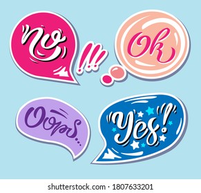 Un conjunto de composiciones de letras con las palabras No, Sí, Ok, Oops se puede usar como Sticker. Ilustración vectorial