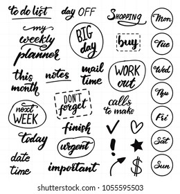 Set of lettering for daily planning and to do lists. Vector illustration.