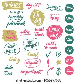 Set of lettering for daily planning and to do lists. Vector illustration.