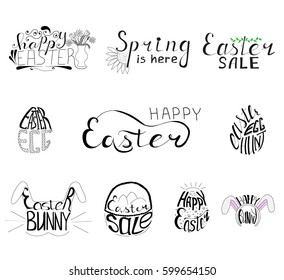 Set from lettering for Easter. Hand written words Happy Easter, Spring is here, Easter Sale, Easter Egg, Bunny. Egg Hunt, Happy Bunny. Hand drawing. Vector illustration.