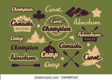 Set of lettering and element for t-shirt. Graphic design on the theme of camping, hiking, rafting, tourism and active lifestyle. Color print on green background
