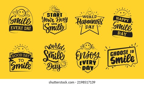 El conjunto de emblemas con letras sobre el día de la sonrisa mundial. Ilustración vectorial. El estilo doodle retro
