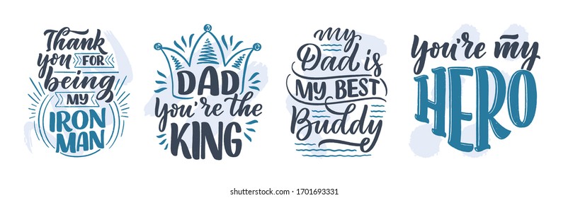 Set with lettering for Father's day greeting card, great design for any purposes. Typography poster. Vector vintage illustration.