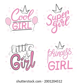 Set of lettering girl print. Hand written typography lettering for card, poster, tee print. Modern brush calligraphy on star background. Vector illustration.