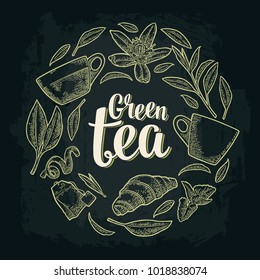 Está decorado con un té verde con letras. Taza, rama, hoja, flor, limón, croissant, bolsa. Ilustración vectorial de grabado blanco para etiquetas, afiches, web. Aislado sobre fondo oscuro.