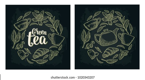 Set with lettering Green Tea. Cup, branch, leaf, flower, lemon, croissant, bag. Vector vintage white engraving illustration for label, poster, web. Isolated on dark background.