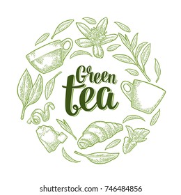 Set with lettering Green Tea. Cup, branch, leaf, flower, lemon, croissant, bag. Vector vintage engraving illustration for label, poster, web. Isolated on white background.