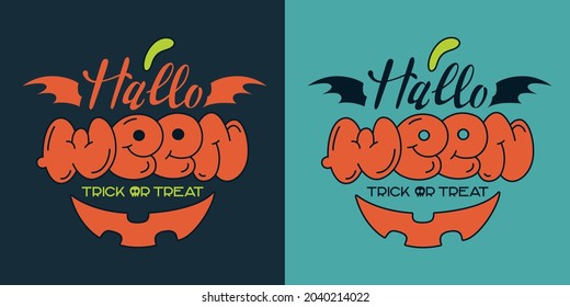 Set of lettering Halloween emblem, Pumpkin, smile, wings