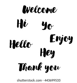 Set lettering Hand drawn elegant catchwords for your design. Thank you, Hi, Hey, Hello, Welcome, Enjoy. Retro typography with swirls. decor, poster, card  for web -banner, blog