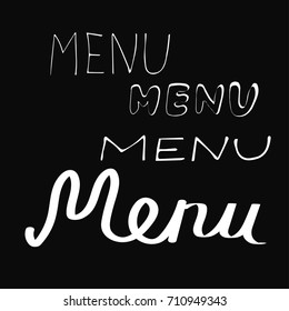Set lettering hand drawn white word menu isolated on black background. Lettering for hipster cafe. Element of vector design