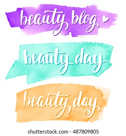 Set lettering handwritten brush calligraphy for social media contests and special offer. Vector lettering and hand painted watercolor spot background for your blog design on white background.