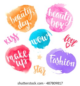 Set lettering handwritten brush calligraphy for social media contests and special offer. Vector lettering and hand painted watercolor spot background for your blog design on white background.