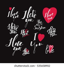 Set of lettering "I love you" calligraphic font, hand drawing. Individual font. Declaration of love. Handwritten inscription. Dark background, pink heart, bright lettering