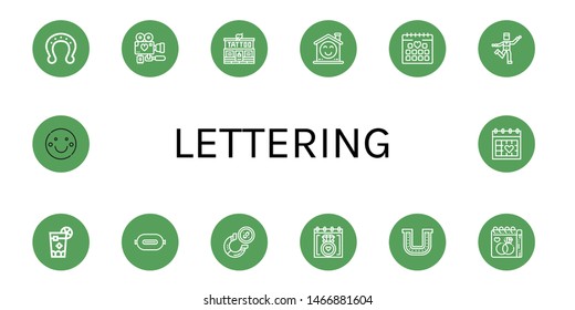 Set of lettering icons such as Horseshoe, Wedding day, Tattoo studio, Smile, Wedding date