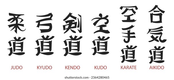 Satz von Schriften, Judo, Karate, Kudo, Kendo, Aikido, Kyudo. Japanische Kampfkunst. Japanische Kalligraphie-Schriftzeichen. Drucken, Vektorgrafik