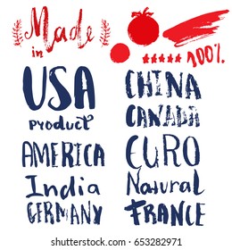 Set of lettering labels of Made in different countries with stains and grunge stars