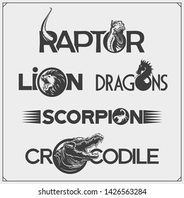 Set of lettering logos with animals. Lion, scorpion, dragon, dinosaur and crocodile. Print design for t-shirt.