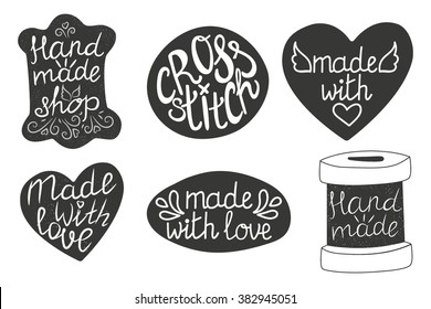 Set of lettering logotypes design elements and labels. Hand made, made with love, cross-stitch, pool of thread , oval, heart, circle. Vector illustration