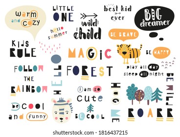 Set of lettering Magic forest -  motivation quotes, phrases and words. Graphic design for t-shirt, posters, greeting cards, nursery design. Vector illustration. Isolated on white background.