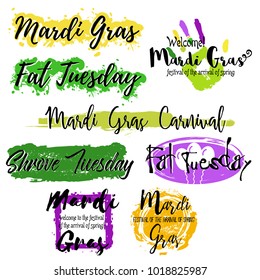 Set with lettering Mardi Gras carnival with colorful splashes of paint isolated on white background. Vector illustration