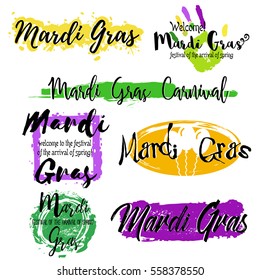 Set with lettering Mardi Gras carnival with colorful splashes of paint isolated on white background. Vector illustration