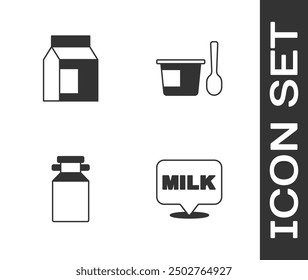Set Lettering milk, Paper package for, Can container and Yogurt with spoon icon. Vector