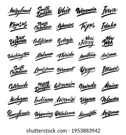 Set of lettering names of the states of America. Handwritten English font. Vector illustration.