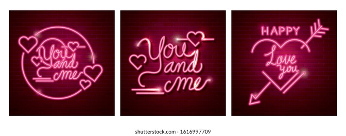 set of lettering of neon light for valentines day vector illustration design