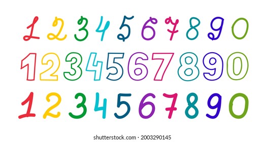 A set of lettering numbers of different colors drawn by hand. Vector illustration in a flat style.