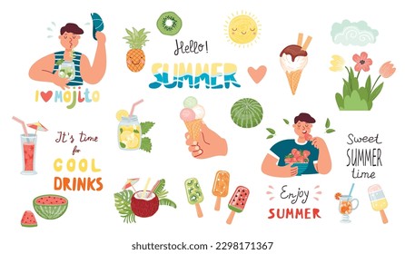 Set of lettering on a summer theme. Handwritten text, characters with drinks and strawberries, ice cream, watermelon, sun, pineapple, kiwi.Vector cartoon flat  illustration on a white background.