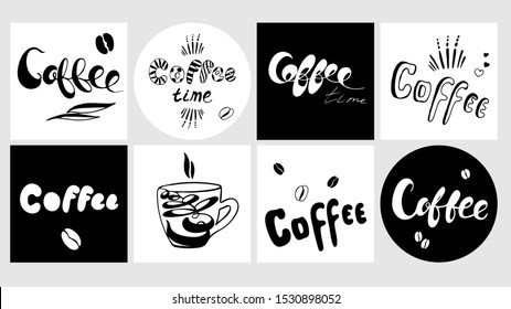 Set lettering on the theme of coffee is hand drawn. Black and white.