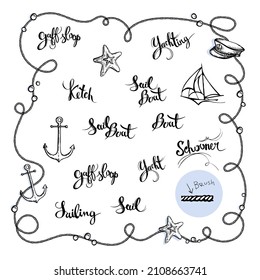 A set of lettering on the theme of yachting, boats and sailboats