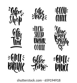 Set of lettering phrases about coffee vector isolated on white background. Words written by hand with a brush