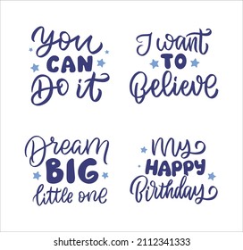 El conjunto de frases con letras sobre el espacio ultraterrestre. El lema de motivación es una ilustración vectorial. Las citas son buenas para pegatinas, habitaciones para niños, cumpleaños, decoración para fiestas