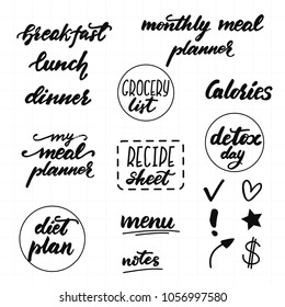 Set of lettering phrases for meal planner templates. Vector illustration.