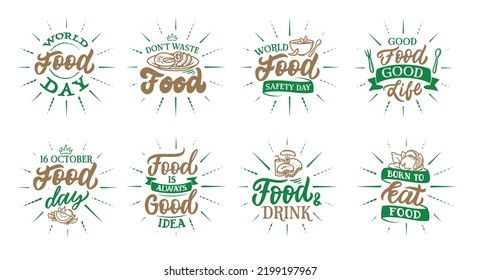 The set of lettering phrases World Food day. The collection emblems with rays in a vector illustration