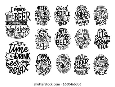 Set with lettering quotes about beer in vintage style. Calligraphic posters for t shirt print. Hand Drawn slogans for pub or bar menu design. Vector illustration