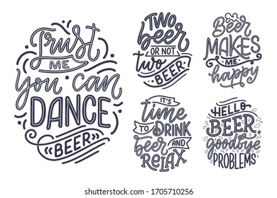 Está decorado con citas con letras sobre cerveza de estilo vintage. Afiches caligráficos para la impresión en pantalones. Lemas de mano dibujada para el diseño de menús de pub o bar. Ilustración del vector