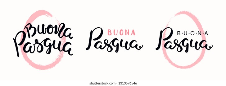 Set of lettering quotes Buona Pasqua, Happy Easter in Italian, with egg outline. Isolated objects on white background. Hand drawn vector illustration. Design concept, element for card, banner.