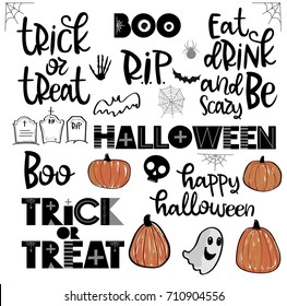 Set of lettering quotes and icons for Halloween. Editable vector illustration